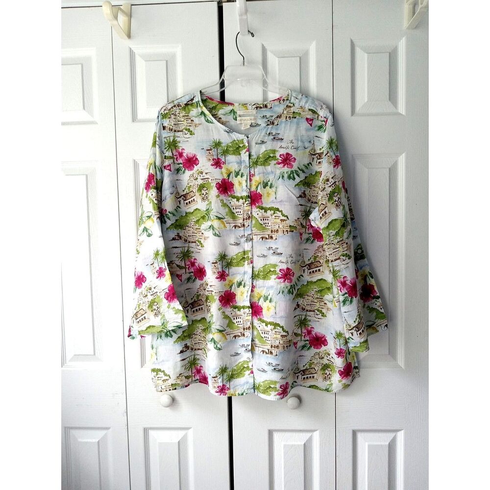 Cynthia Rowley Size 3X Linen Blouse Roll-Tab Sleeve Coastal
